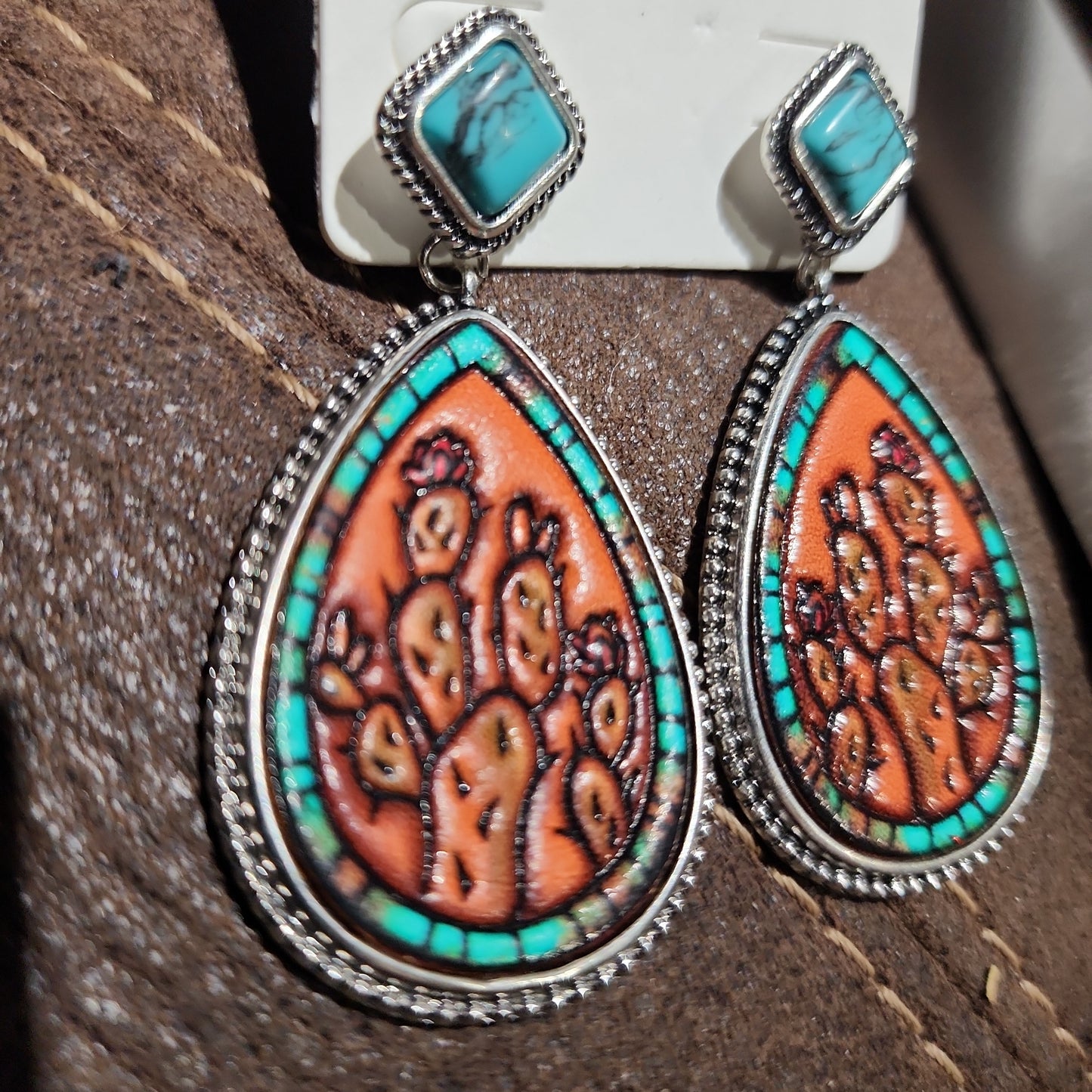 Cactus Turquoise Tooled Earrings