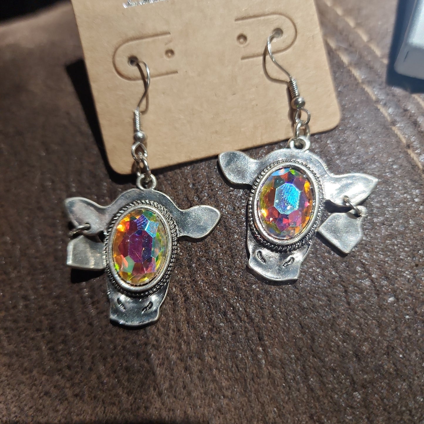 Dusty Trails Cow Silvertone Earrings