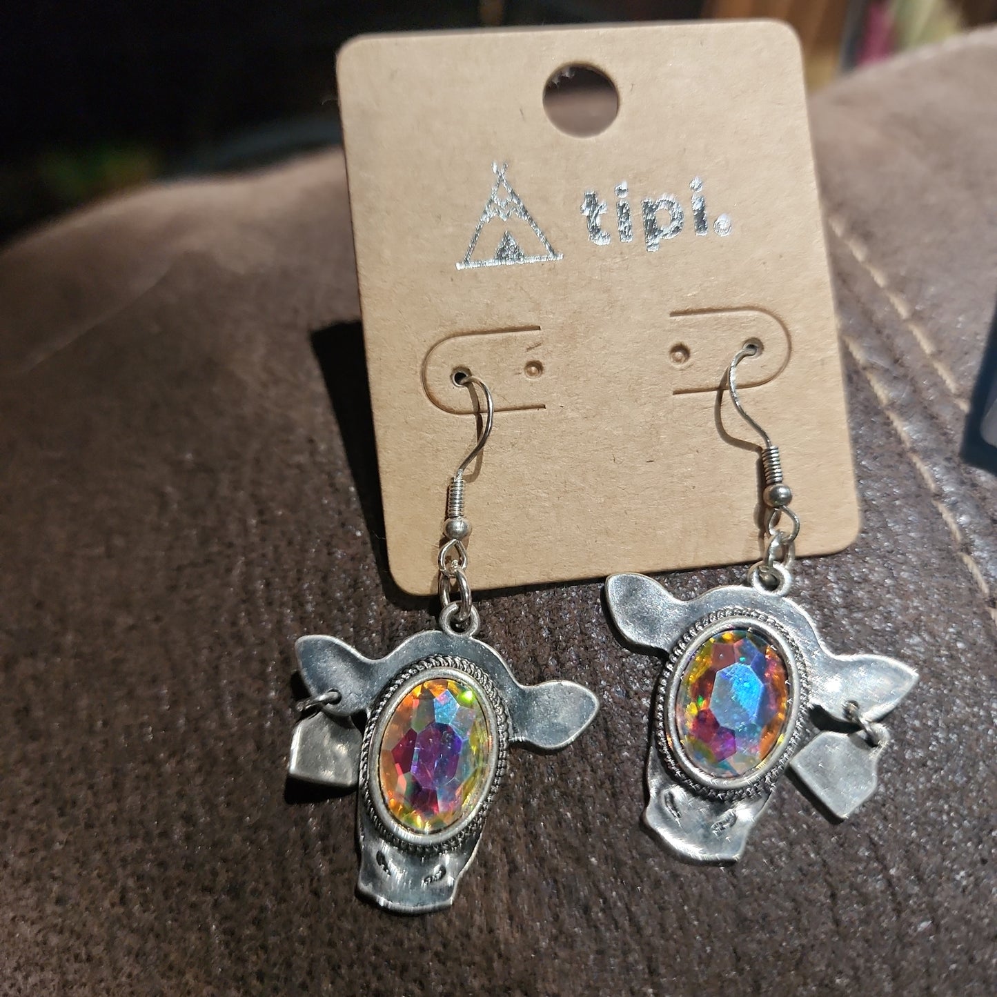 Dusty Trails Cow Silvertone Earrings