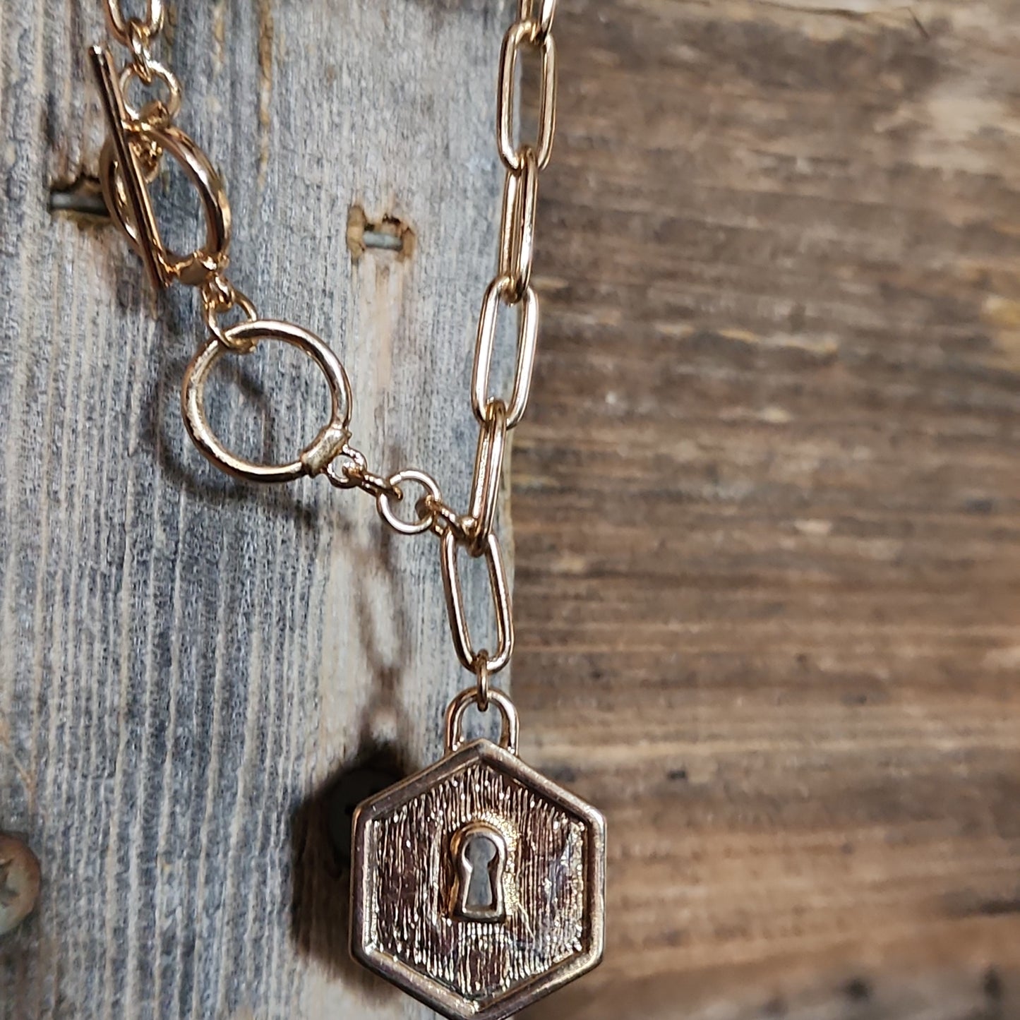 Goldtone Hexagon Lock Toggle Bracelet