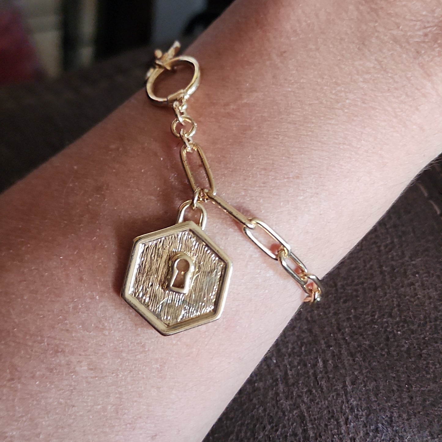 Goldtone Hexagon Lock Toggle Bracelet