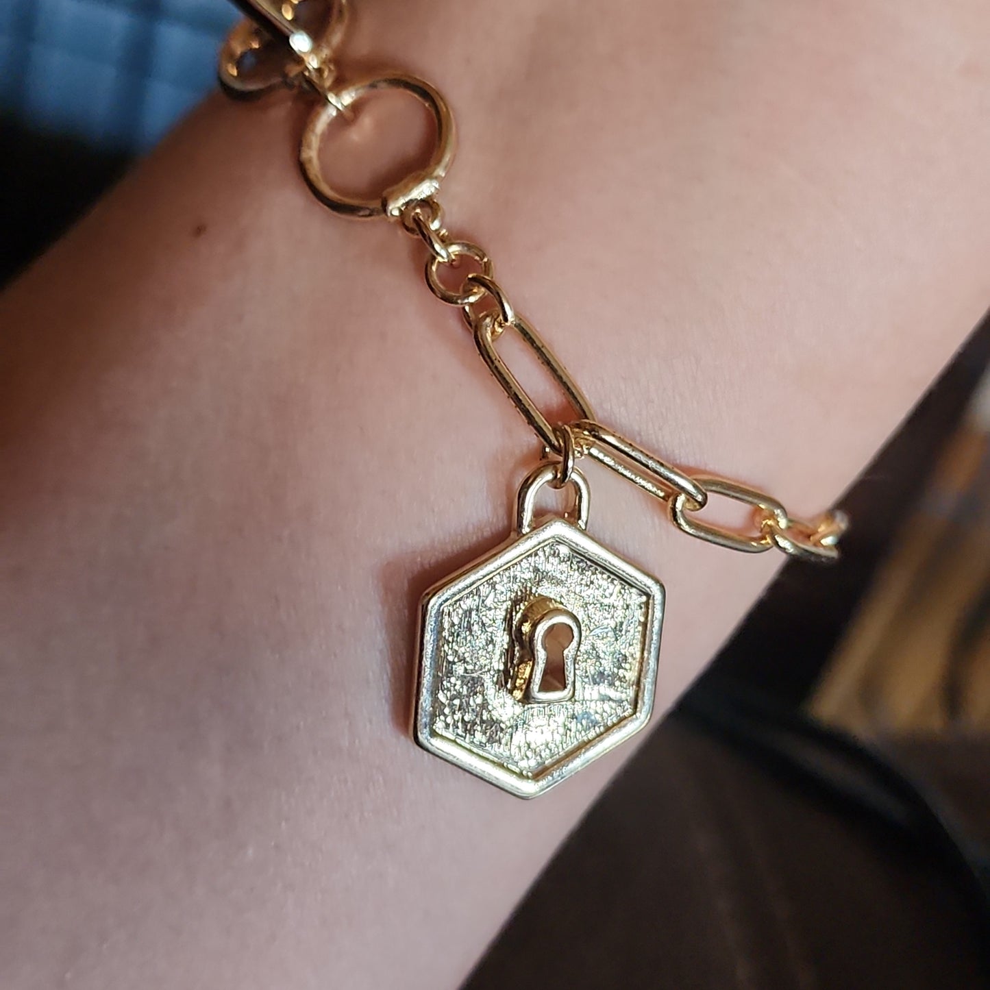 Goldtone Hexagon Lock Toggle Bracelet
