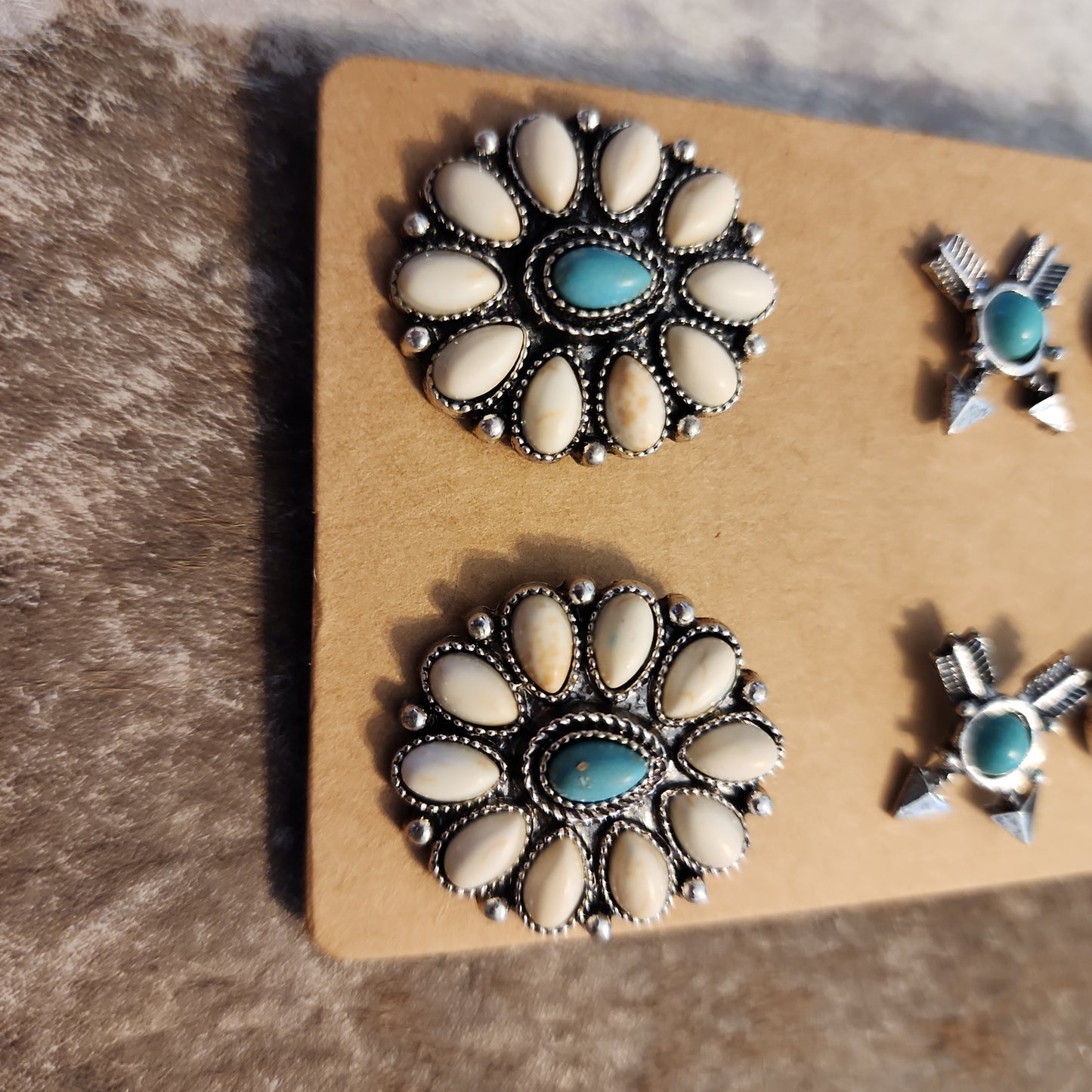 Broken Arrow White and Turquoise Beaded Silverstone earrings 3 pair set