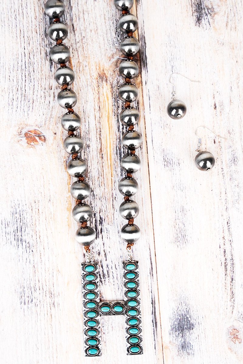 Silver Bead Turquoise "Letter" Necklace set