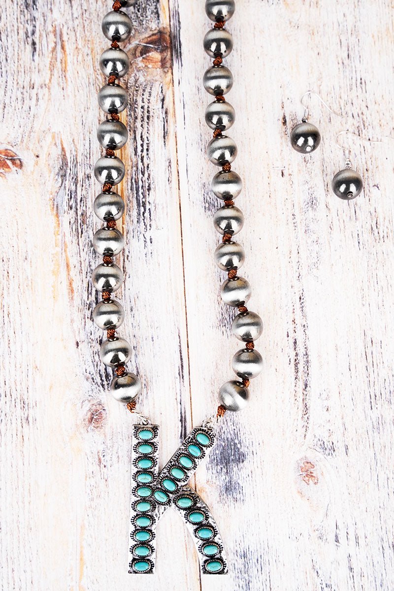 Silver Bead Turquoise "Letter" Necklace set