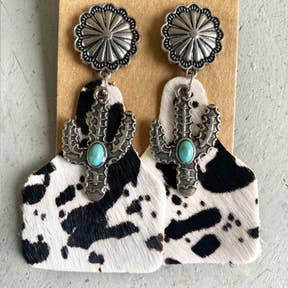 Concho Cowhide cow tag earrings