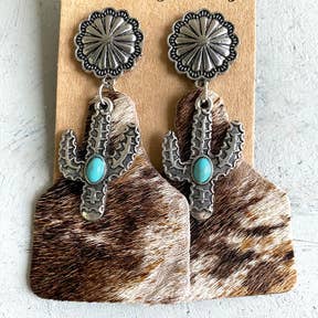 Concho Cowhide cow tag earrings