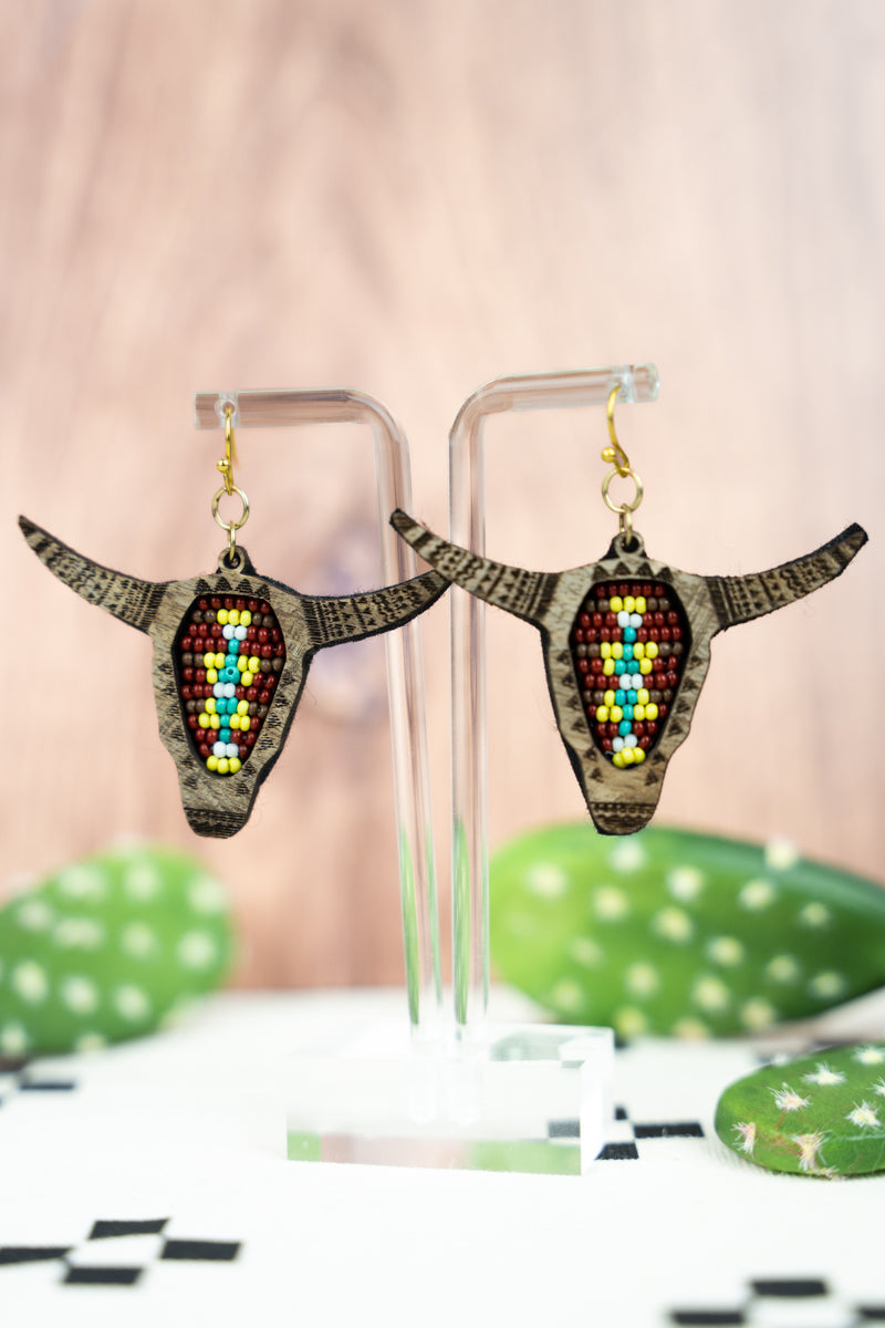 Red Wood steer head earrings