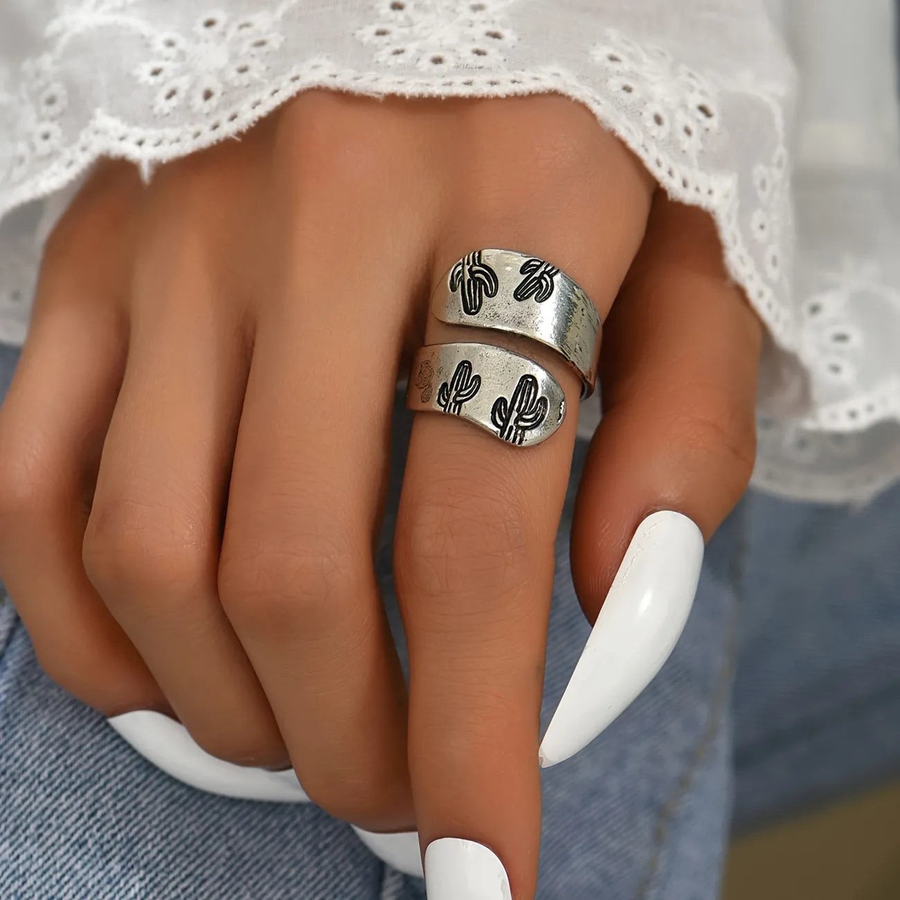 Western Cactus Stamped Ring