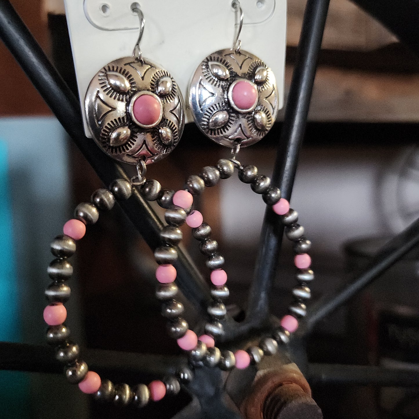 Viola Silver Navajo Inspired Pearl and Pink Bead Concho Hoop Earrings