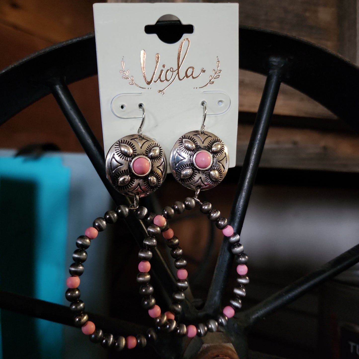 Viola Silver Navajo Inspired Pearl and Pink Bead Concho Hoop Earrings