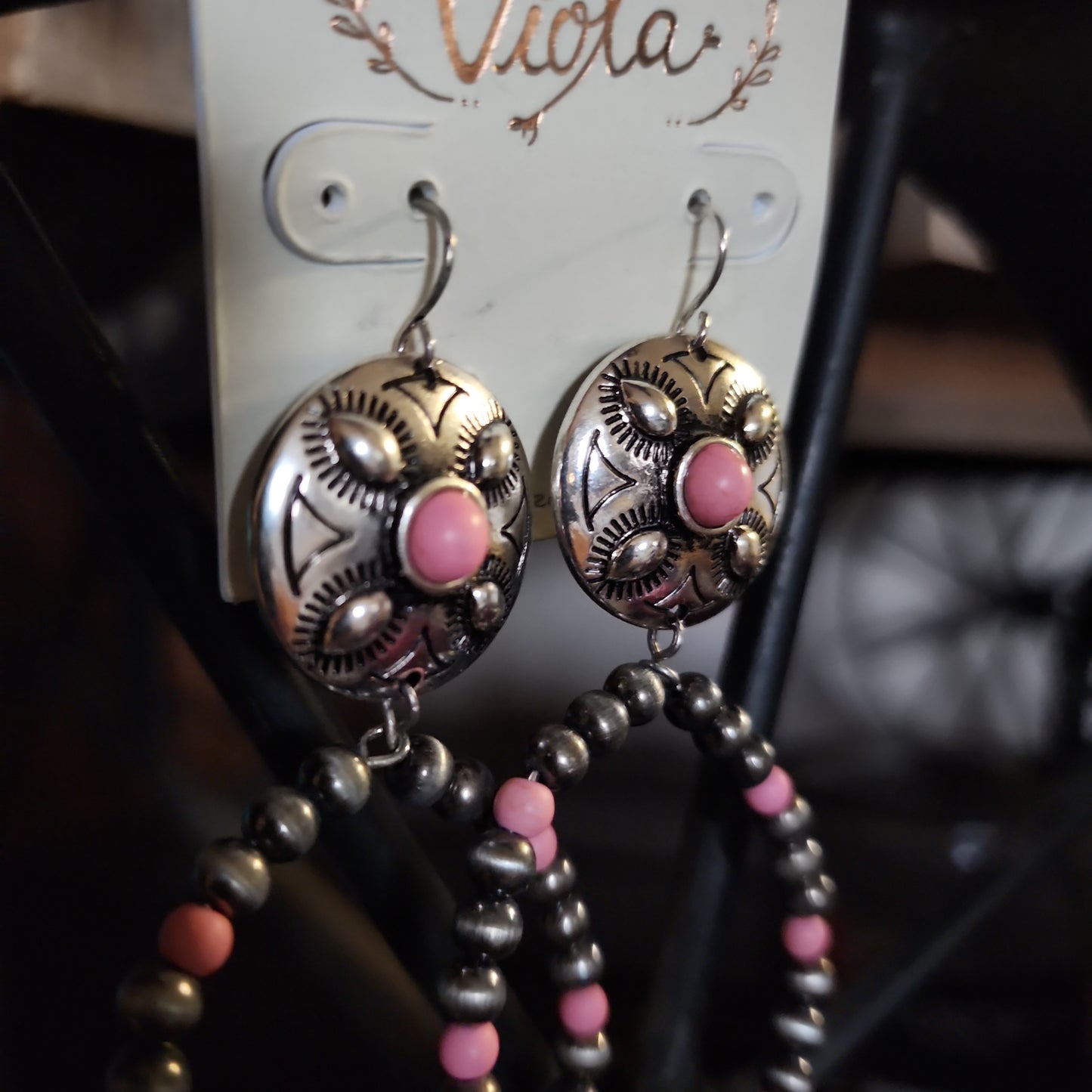 Viola Silver Navajo Inspired Pearl and Pink Bead Concho Hoop Earrings