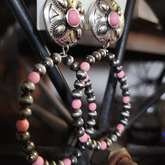 Viola Silver Navajo Inspired Pearl and Pink Bead Concho Hoop Earrings