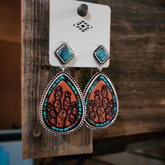 Cactus Turquoise Tooled Earrings