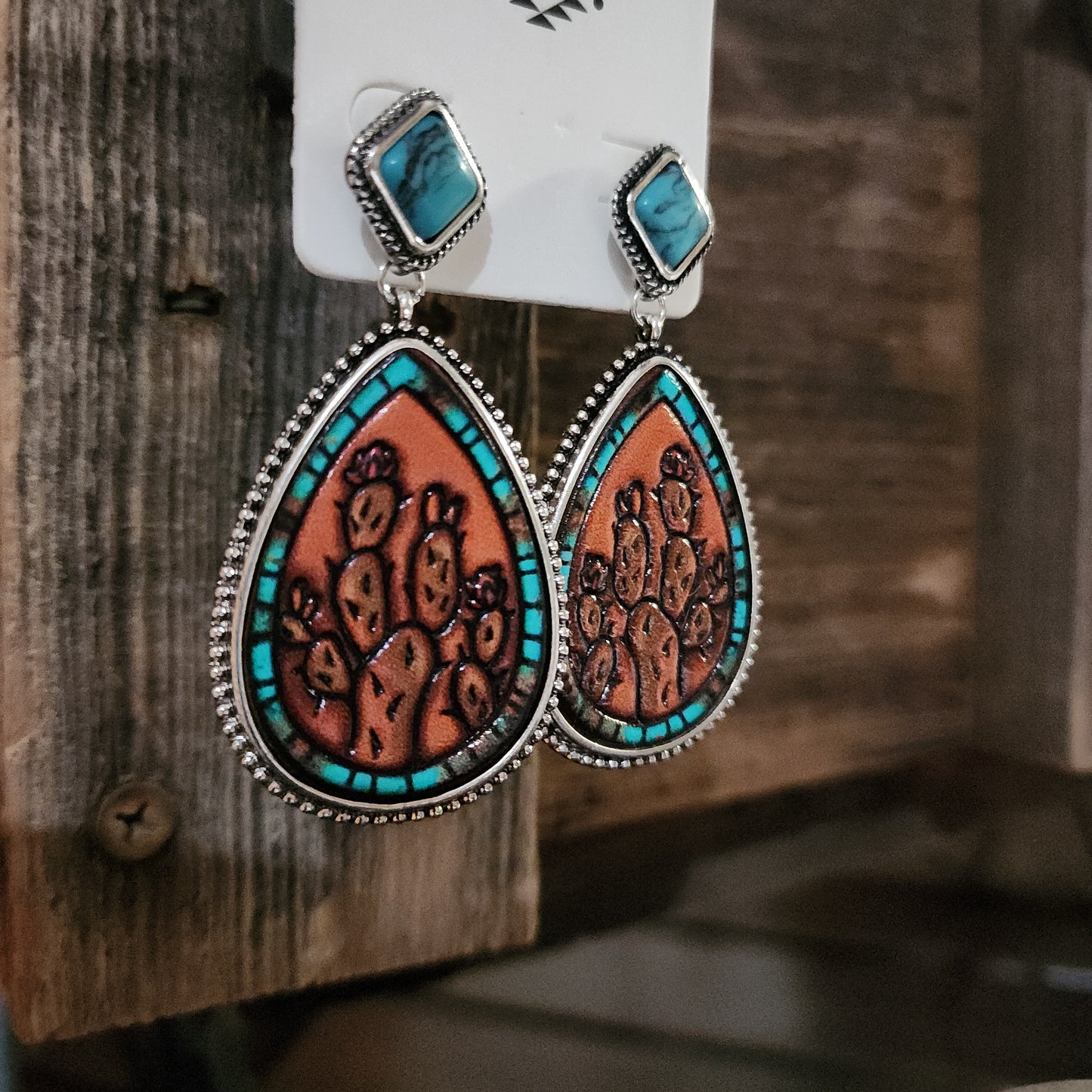 Cactus Turquoise Tooled Earrings