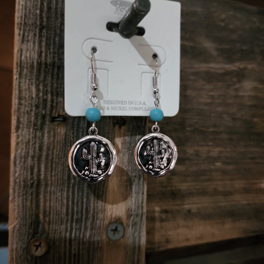 Turquoise Bead and Silvertone Cactus Disk Earrings