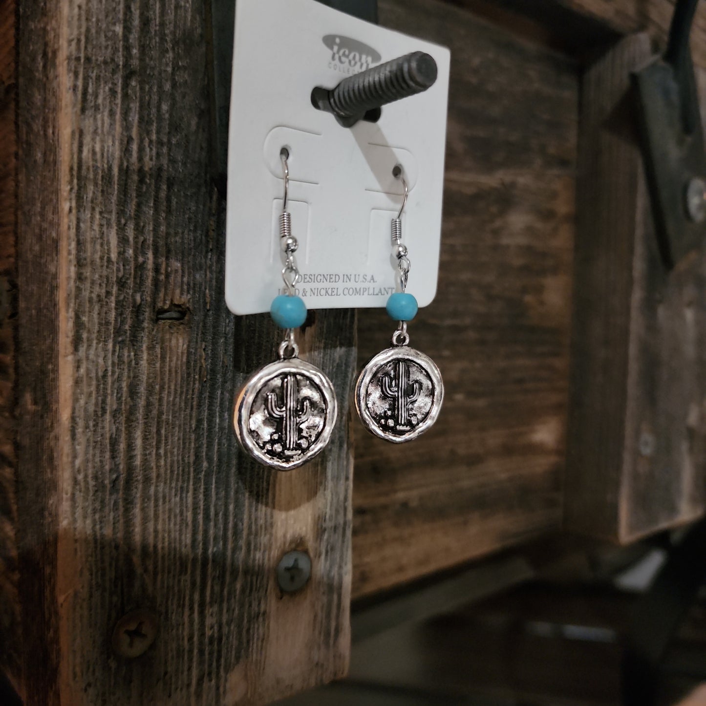 Turquoise Bead and Silvertone Cactus Disk Earrings