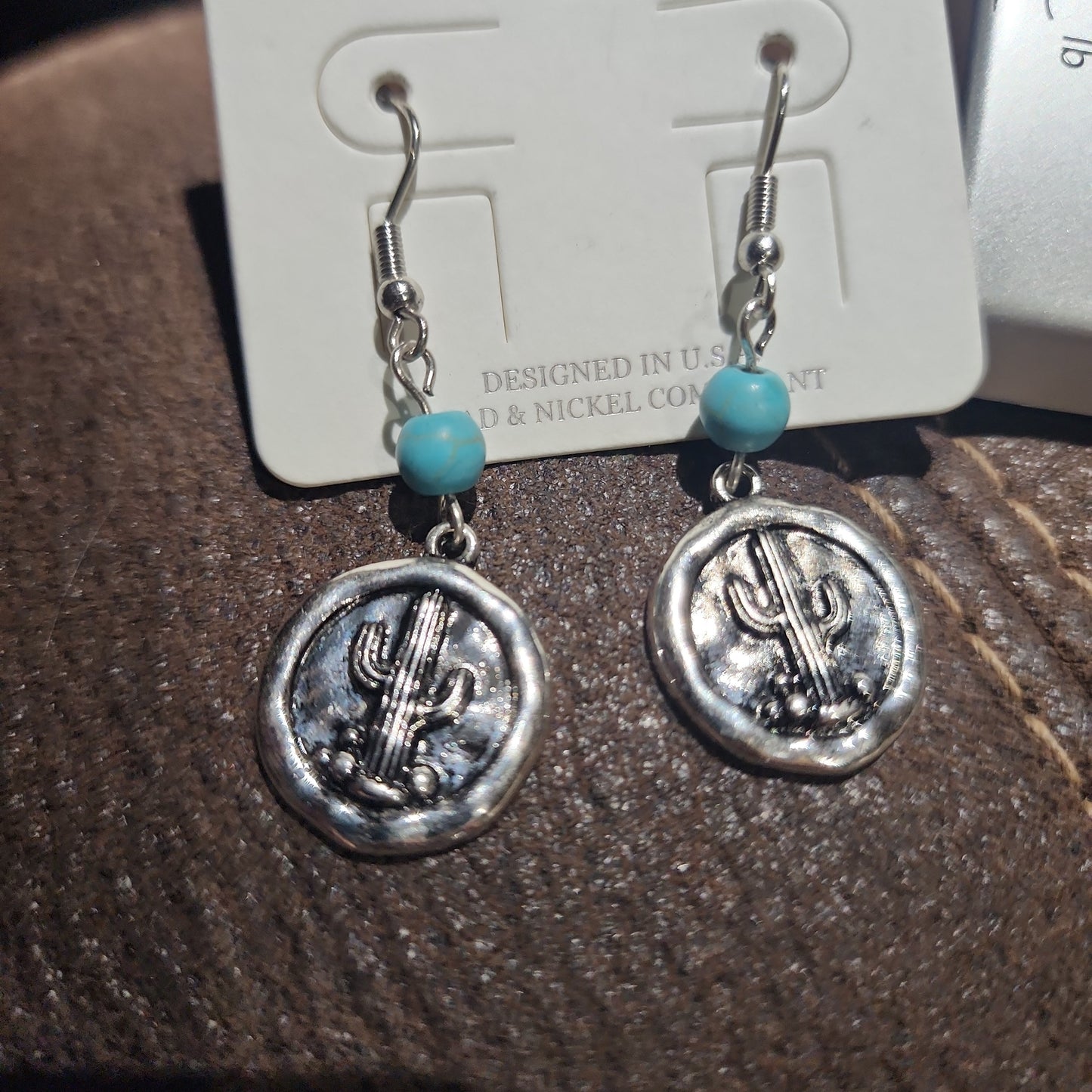 Turquoise Bead and Silvertone Cactus Disk Earrings