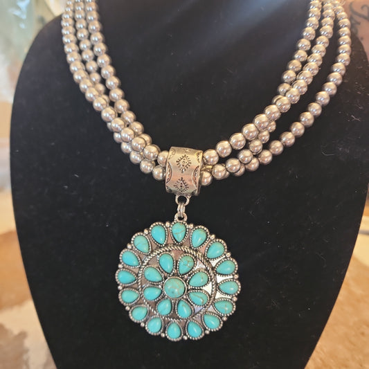 Hesston Turquoise Concho Silvertone Necklace and Earrings Set