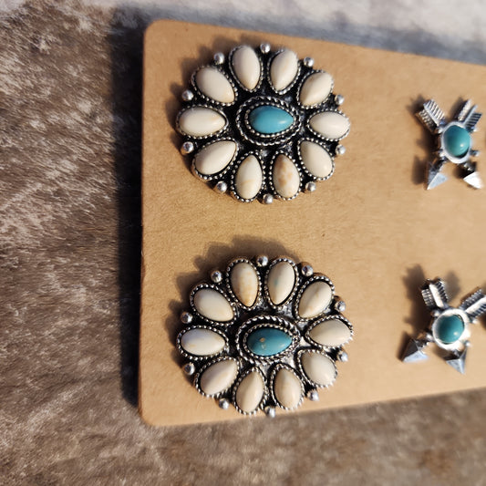 Broken Arrow White and Turquoise Beaded Silverstone earrings 3 pair set