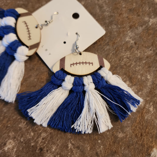 Wooden Fringe Football Earrings White and Blue