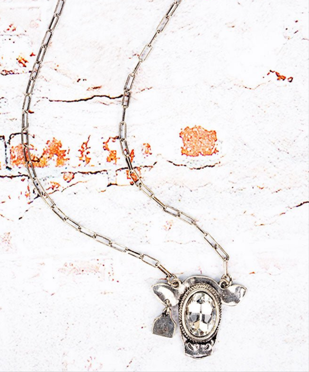 Dusty Trails Crystal Cow Necklace