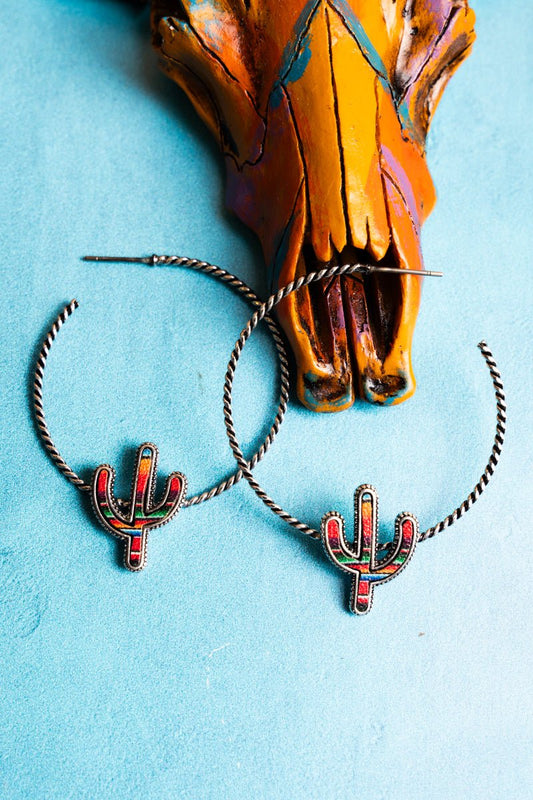 MULTI CACTUS SILVERTONE HOOP EARRINGS