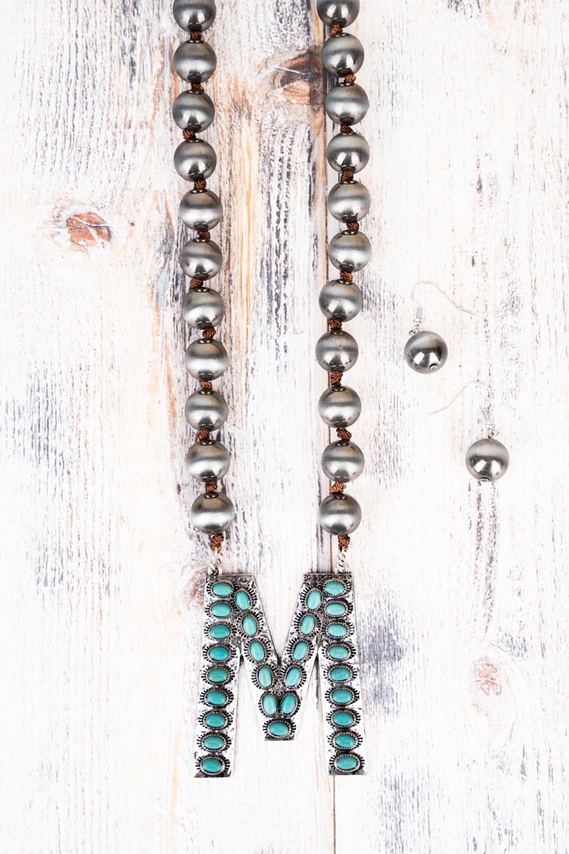 Silver Bead Turquoise "Letter" Necklace set